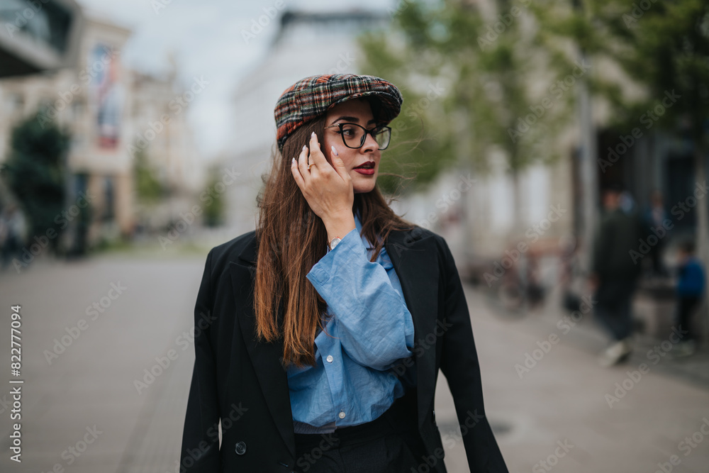 Confident woman in a stylish outfit with glasses and a hat walking through an urban setting. She is wearing a blue shirt and a black jacket.