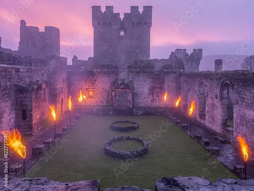 A castle with a large courtyard and a fire pit in the center. The fire pit is lit with torches and the castle is surrounded by a moat. The scene is set in the evening and the sky is a mix of purple photo