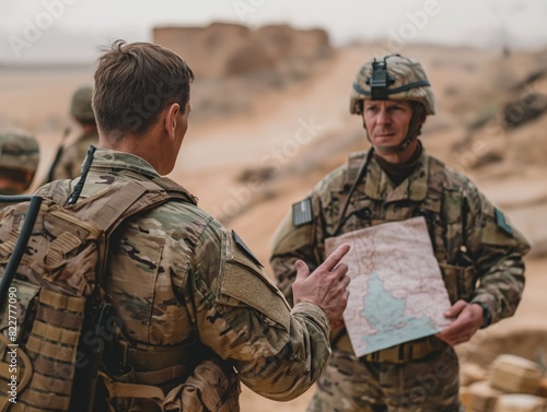 A man in a military uniform is talking to another man while holding a map. The two men are standing in a desert-like environment