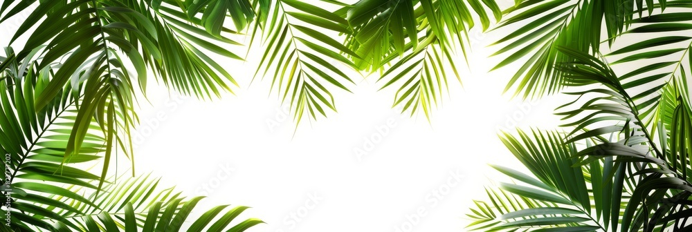 A detailed illustration of overlapping tropical palm leaves with a blank area in the center for adding text or logos, isolated on a clean white transparent background