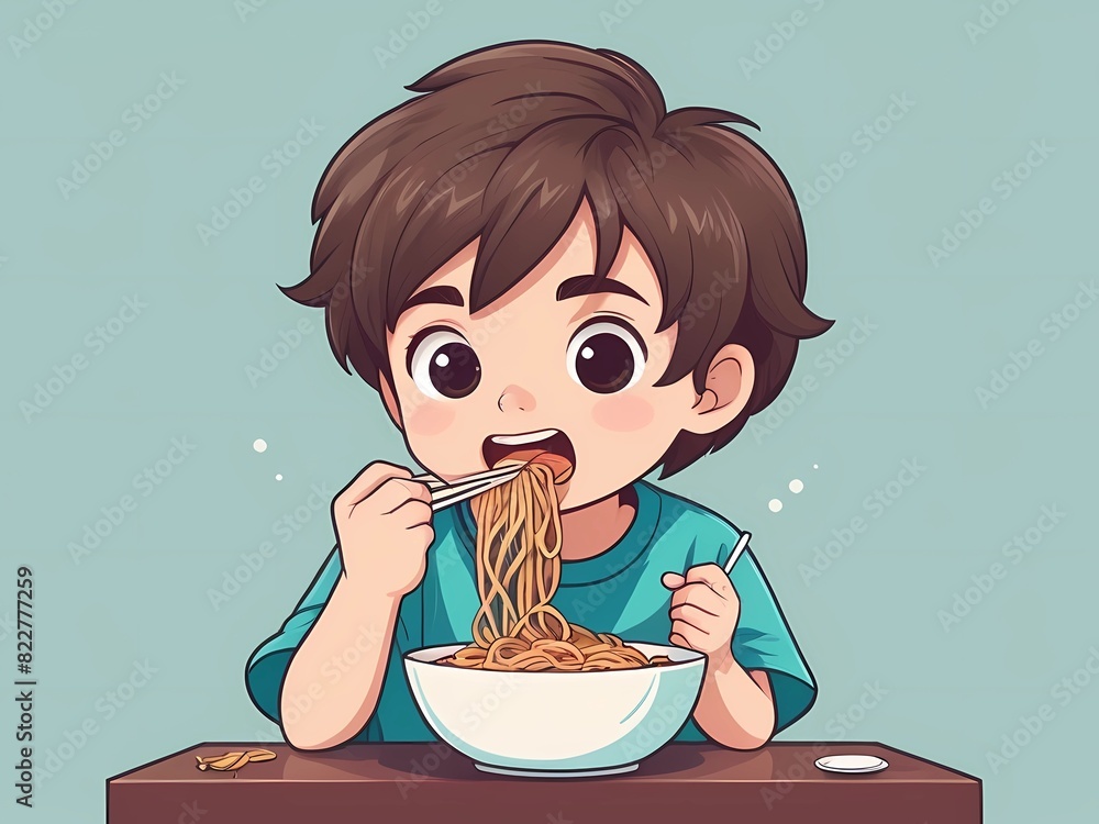 flat illustration ,cute kawaii boy eating mie flat illustration ,cute kawaii boy eating mie