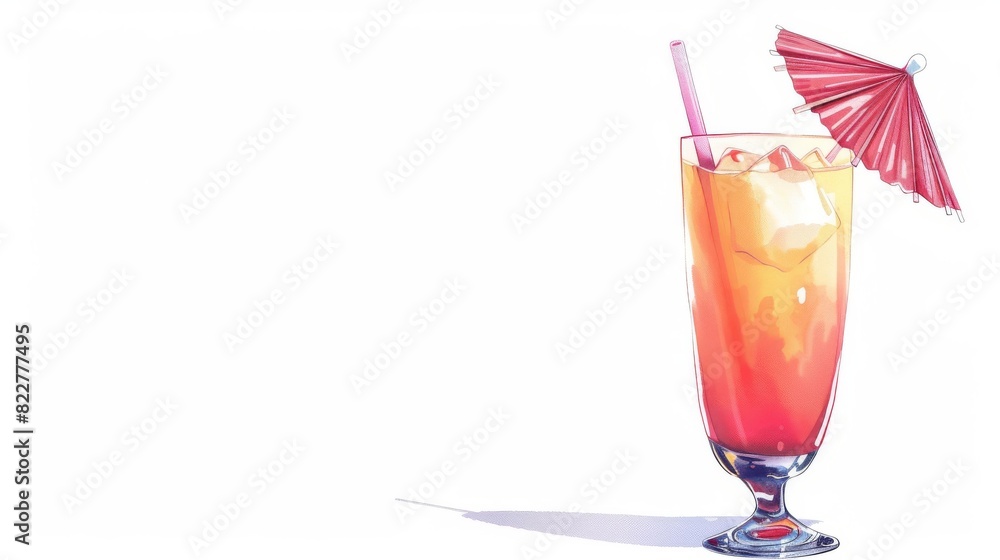 A vibrant illustration of a tropical cocktail with a decorative paper umbrella, presented in a stylish glass, set against a clean white transparent background A vibrant illustration of a tropical cocktail with a decorative paper umbrella, presented in a stylish glass, set against a clean white transparent background
