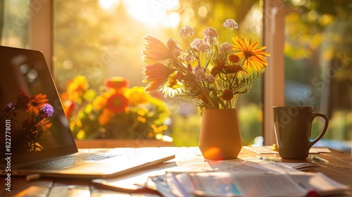 Close up of a desk with papers, a laptop and a coffee mug on a table in a home office with warm sunlight and colorful flowers in a vase. The background is blurred with a bokeh effect.
