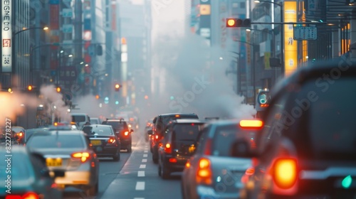 A busy city street lined with tall buildings equipped with pollution monitoring sensors on their exteriors.