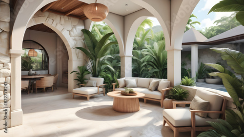 Ultra realistic  photo of Modern take on upscale bali inspired small condo white cream stone  light wood round arches interor view of glassed in covered patio set with tropical foliage