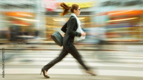 A woman in a business suit is running through a busy city street