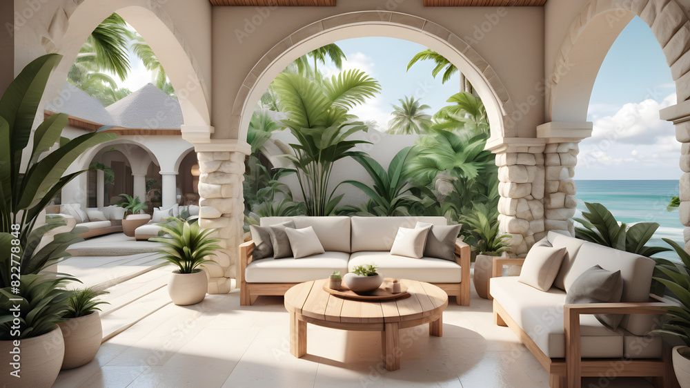 Ultra realistic photo of Modern take on upscale bali inspired small condo white cream stone, light wood round arches interor view of glassed in covered patio set with tropical foliage Ultra realistic photo of Modern take on upscale bali inspired small condo white cream stone, light wood round arches interor view of glassed in covered patio set with tropical foliage