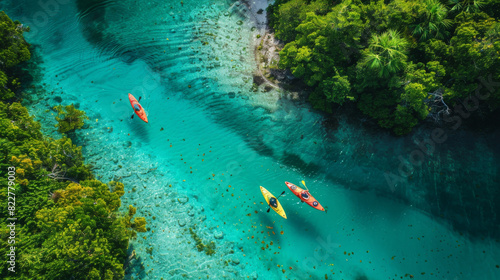Three people are kayaking in a river with trees in the background