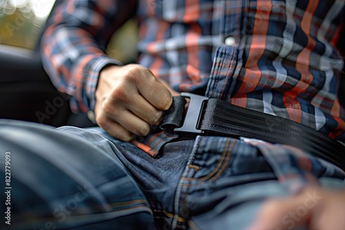 A man in a plaid shirt is buckling his seat belt. Concept of responsibility and safety, as the man takes the necessary precautions to protect himself while driving photo