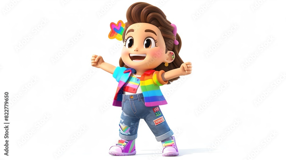 Vibrant cartoon character with rainbow attire standing excitedly, arms spread wide, joyful and cheerful expression, inviting happiness and fun. Vibrant cartoon character with rainbow attire standing excitedly, arms spread wide, joyful and cheerful expression, inviting happiness and fun.