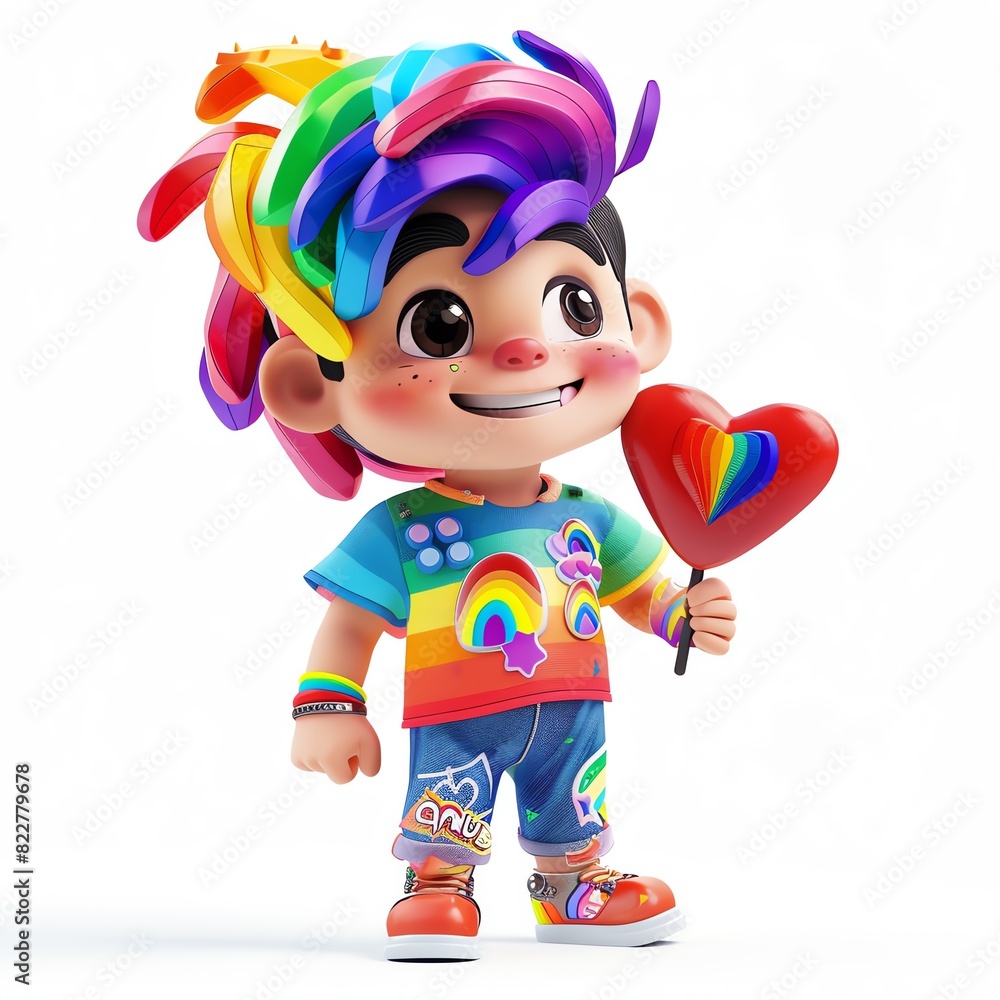 Cute cartoon child with rainbow-colored hair holding heart-shaped lollipop, wearing vibrant rainbow-themed outfit, smiling happily. Cute cartoon child with rainbow-colored hair holding heart-shaped lollipop, wearing vibrant rainbow-themed outfit, smiling happily.
