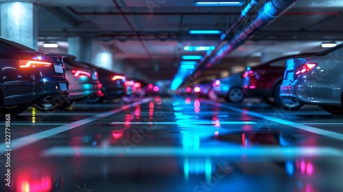 An underground parking garage equipped with AI cameras that can automatically spot and alert authorities of any suious or criminal behavior enhancing safety for vehicle owners. photo