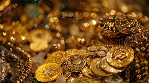Close-up of gold jewelry and gold coins in the store for sale