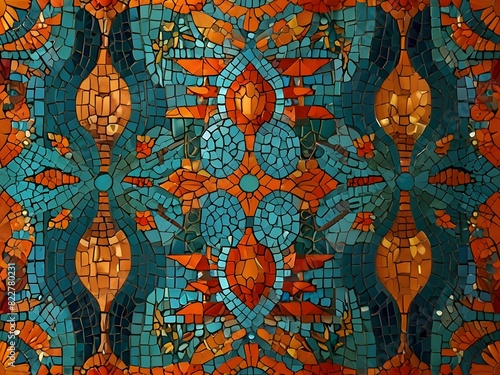Mosaic patterns  orange and teal  intricate texture  generative AI