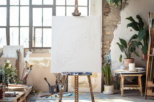 An artist's studio with a blank canvas on an easel