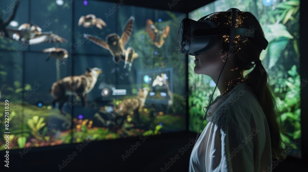 A VR display showcasing the nocturnal behaviors of different animals from bats and owls to foxes and racs. A VR display showcasing the nocturnal behaviors of different animals from bats and owls to foxes and racs.