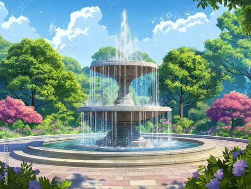 A large fountain with a stone base and a stone bowl. The fountain is surrounded by trees and flowers photo
