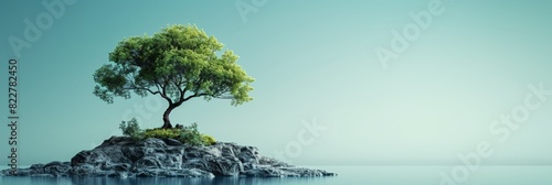 Lonely green tree grew on small island in water, against minimalist pale turquoise background. Wide banner with space for text. Ecological concept. World Environment Day photo
