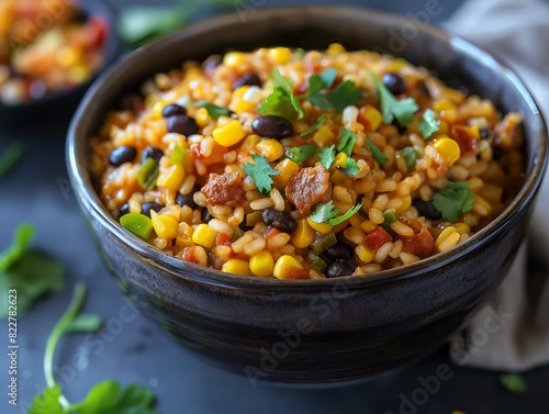 A bowl of food with beans, corn, and peppers