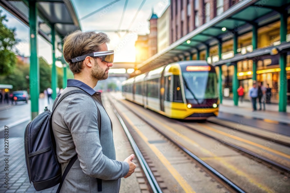 A person at a tram station using AR glasses to visualize the arrival times and occupancy levels of approaching trams. A person at a tram station using AR glasses to visualize the arrival times and occupancy levels of approaching trams.