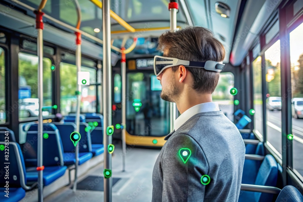 An individual using AR glasses to locate and board an autonomous bus, with virtual indicators showing the bus's route and stops. An individual using AR glasses to locate and board an autonomous bus, with virtual indicators showing the bus's route and stops.