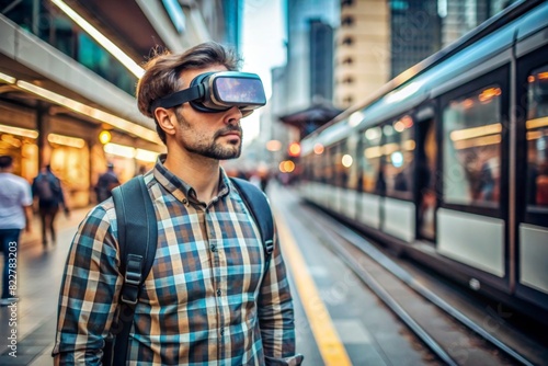 A tourist using AR glasses to translate and navigate local public transportation systems in a smart city