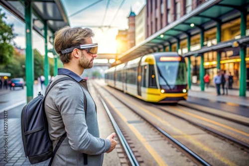 A person at a tram station using AR glasses to visualize the arrival times and occupancy levels of approaching trams.