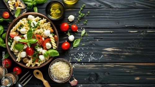 A dish of pasta salad featuring tomatoes, spinach, and mozzarella served on a rustic wooden table. The perfect blend of natural foods and fresh ingredients AIG50