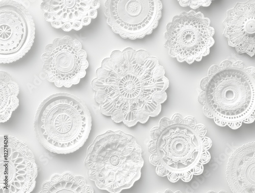 A collection of white lace doilies arranged in a pattern. The doilies are all different sizes and shapes, but they all have a similar design. Scene is elegant and delicate