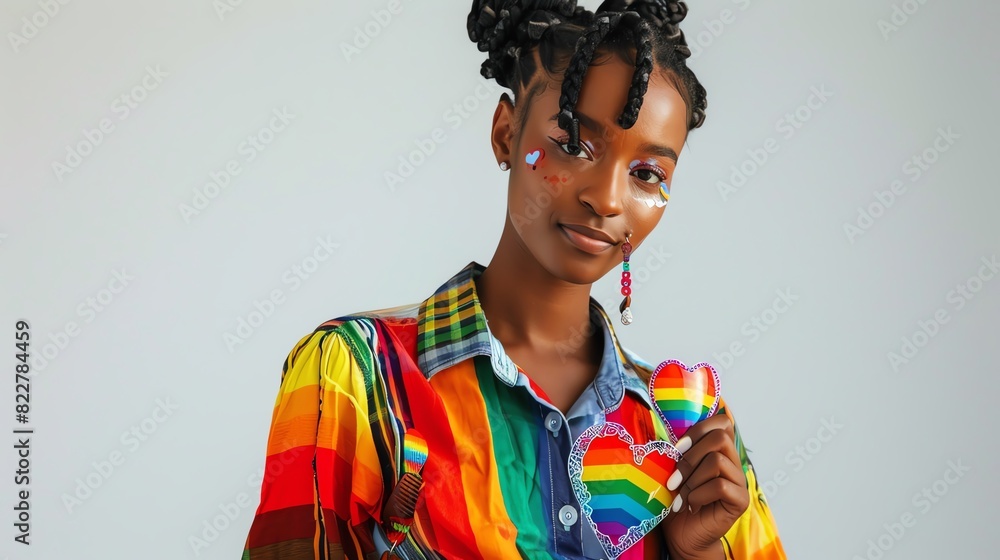 Young woman with colorful rainbow shirt and heart-shaped accessory, celebrating diversity and pride. Young woman with colorful rainbow shirt and heart-shaped accessory, celebrating diversity and pride.