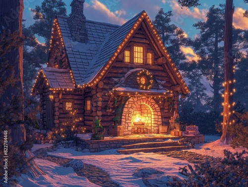 A cozy log cabin with a fireplace and a wreath on the door. The scene is set in a snowy forest, creating a warm and inviting atmosphere