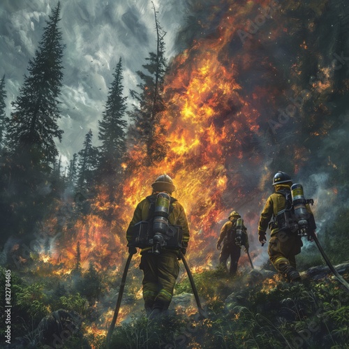 Three firefighters are walking through a forest fire. The fire is very large and the firefighters are wearing yellow jackets