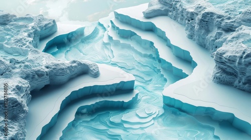 Create a 3D rendering of an icy landscape with a deep crevasse photo