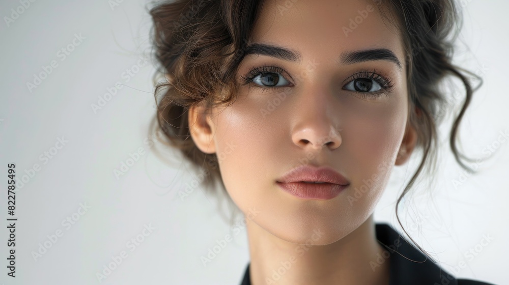 Naklejka premium Stunning young woman with curly hair and blue eyes posing confidently against a clean white background