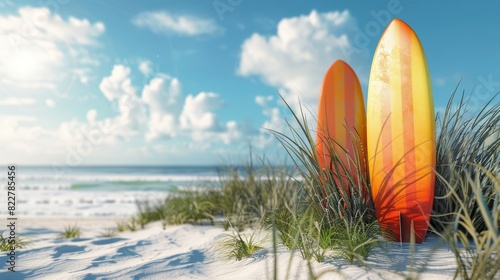 3D rendering, surfboards on the beach with blue sky and white clouds, grassy dunes, surfboard colors in yellow orange red photo