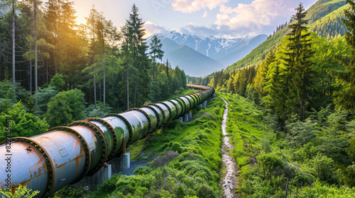 A long pipe runs through a forest with mountains in the background