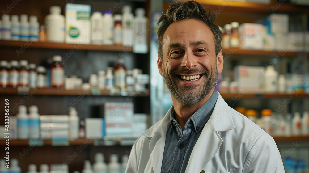 portrait of a smiling pharmacist, happy doctor in pharmacy portrait of a smiling pharmacist, happy doctor in pharmacy