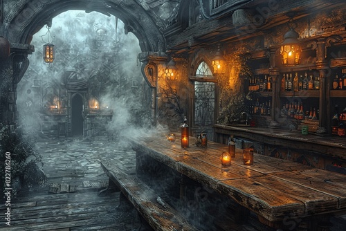 Eerie Tavern Ambiance: Haunting Digital Painting with Swirling Smoke and Dim Lighting