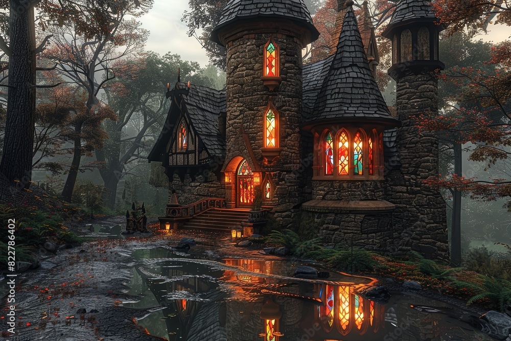 Obraz premium Enchanted Tower: Stained Glass Radiance amid a Forest's Refuge