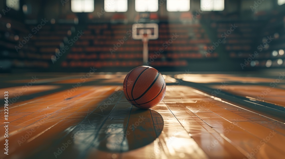 Basketball is lying on the wooden floor of an indoor gymnasium, blurred background with rows of seats and stands in soft focus. Basketball is lying on the wooden floor of an indoor gymnasium, blurred background with rows of seats and stands in soft focus.