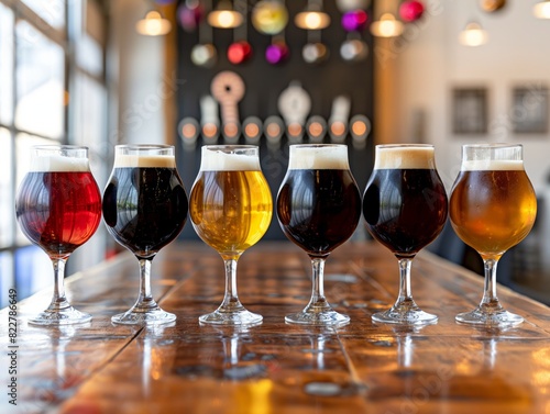 A row of six glasses of beer sit on a table. The glasses are of different colors and sizes, and they are arranged in a neat row. Concept of variety and choice