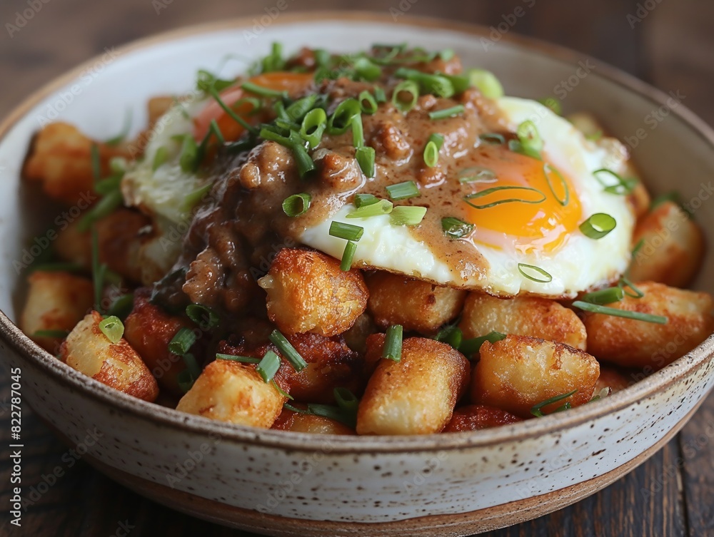 A bowl of food with potatoes, onions, and eggs. The dish is topped with gravy and has a brown sauce A bowl of food with potatoes, onions, and eggs. The dish is topped with gravy and has a brown sauce