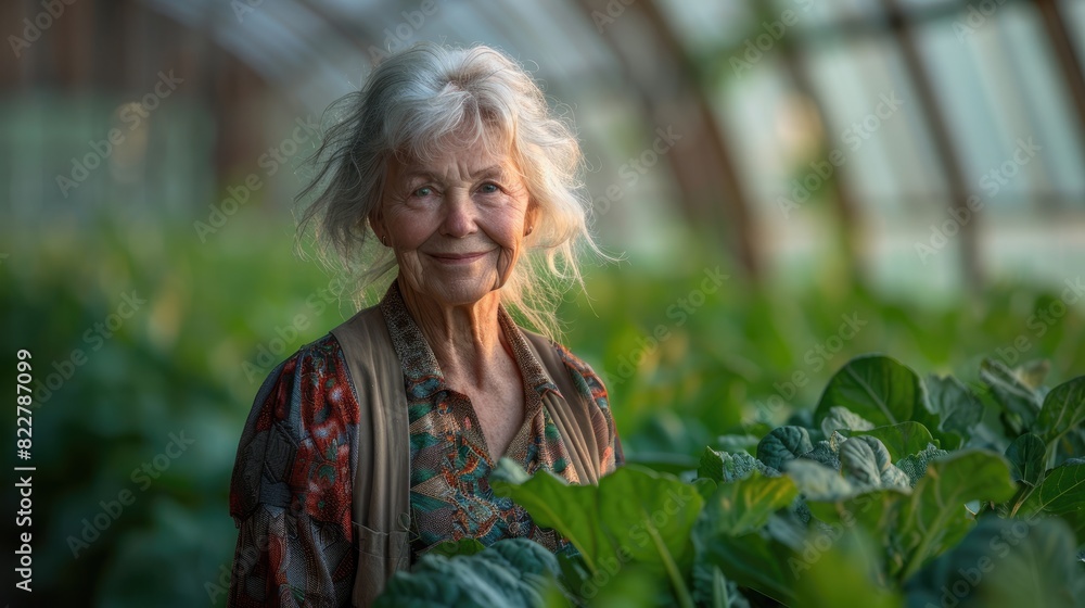 old caucasian woman stands in front of greenhouses, smiling at the camera. This portrait captures an organic farm owner's warmth while highlighting their connection to nature through plant care old caucasian woman stands in front of greenhouses, smiling at the camera. This portrait captures an organic farm owner's warmth while highlighting their connection to nature through plant care