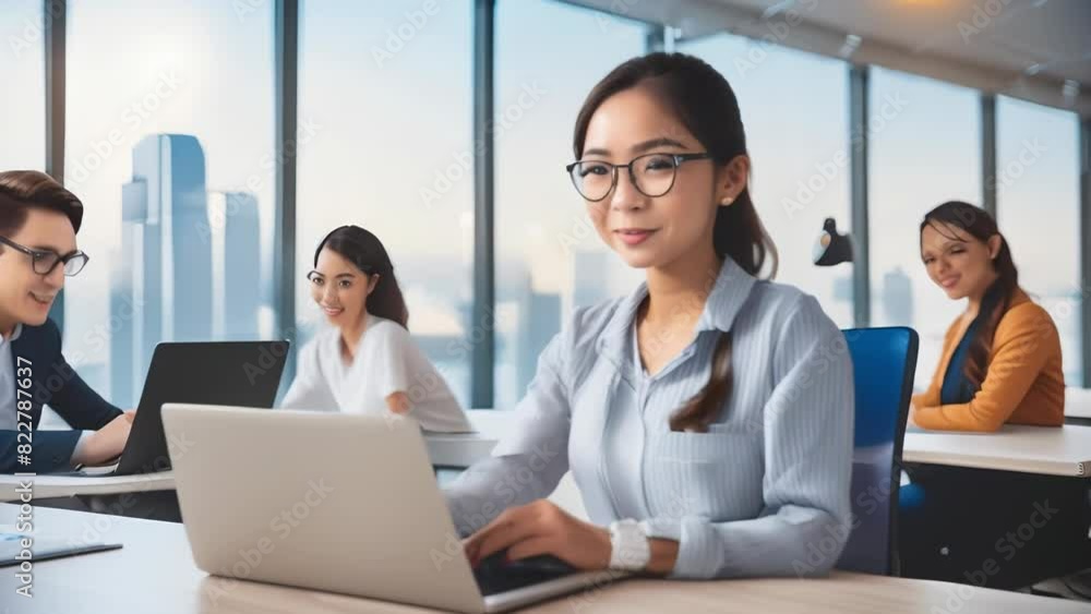 A team of professionals working in a modern office, with a focus on a young woman typing on a laptop. A team of professionals working in a modern office, with a focus on a young woman typing on a laptop.