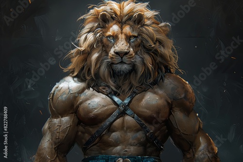 Aesthetic Anthro Lion Portrait: Muscular Male in Leather Harness and Shorts