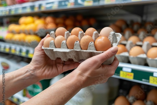 Closeup of hands holding an egg carton in the grocery store, with shelves displaying various eggs and milk products in the background. photo