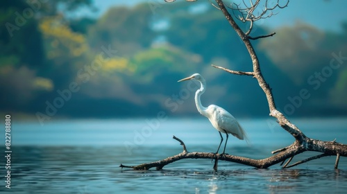beautiful shot turquoise blue water lake pond bird photography sanctuary white egret crane perched dead tree branch Moorhens marsh hen coot wading photo