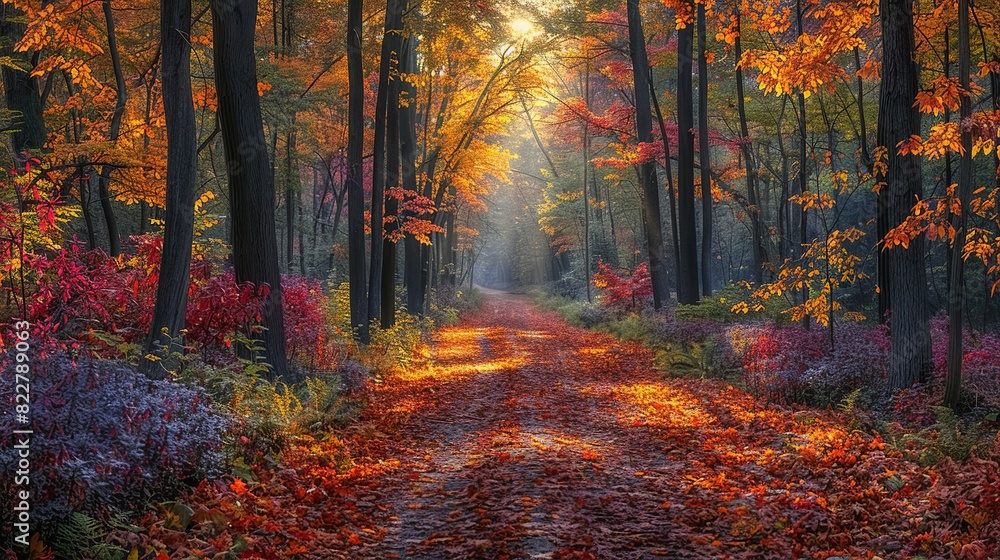A forest path lined with colorful autumn leaves, with the warm glow of the morning sun highlighting the vibrant foliage and serene path. Illustration image,