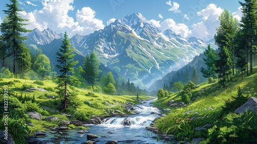 A mountain stream cascading over rocks, surrounded by lush green vegetation and tall trees, with the sound of flowing water adding to the serene forest setting. Illustration