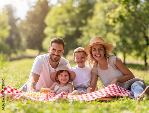 A family of four is sitting on a checkered blanket in a park, enjoying a picnic together © MaxK